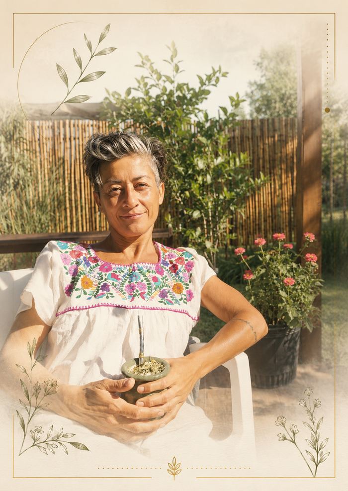 Vanna, en su jardín, con un mate en la mano